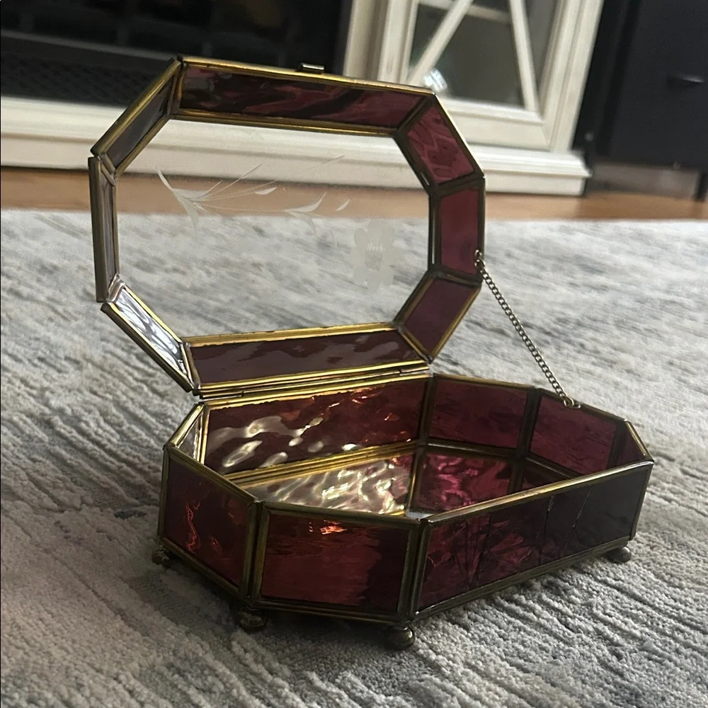 Vintage Handcrafted Stained Glass Jewelry Box | Mauve & Brass Etched Floral